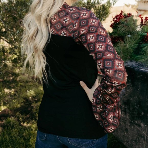 Maroon Aztec Ruffled Sleeve Top - Picture 2 of 4